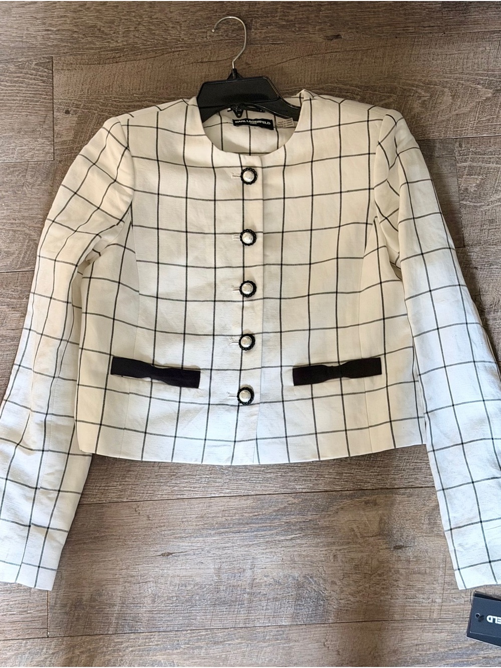 Karl Lagerfeld Cream Windowpane Cropped Jacket with Black Trim